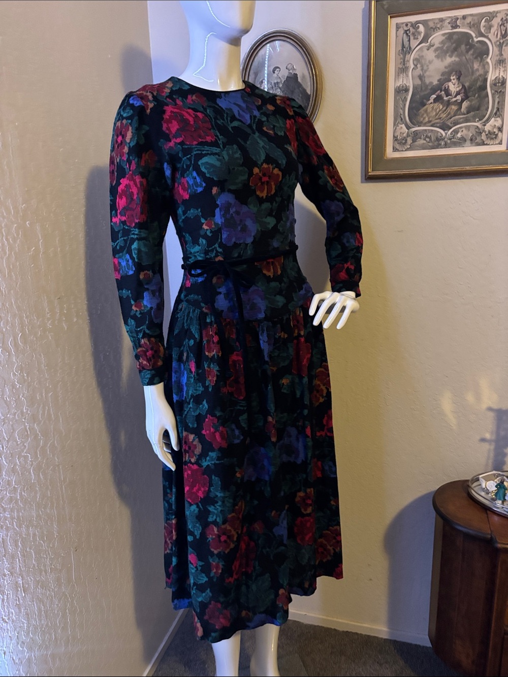 Floral Long-Sleeve Midi Dress in Black with Multicolor Blooms